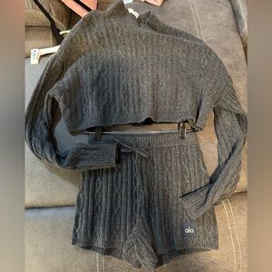 ALO Yoga Charcoal Cable Knit Cropped Sweater and Shorts